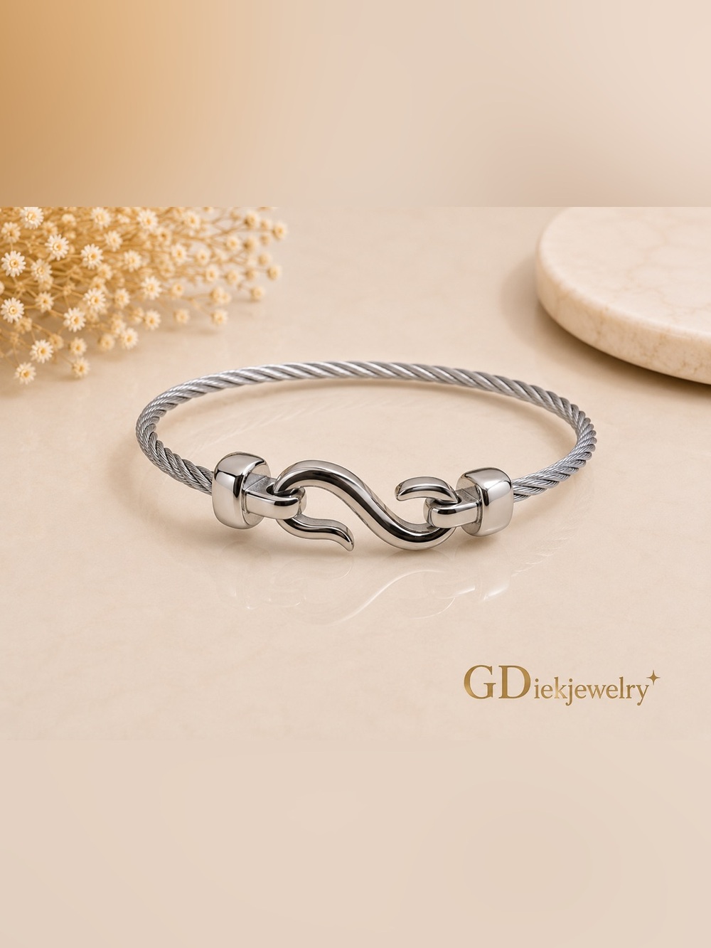 Stainless Steel Silver Twisted Cable Hook Bracelet